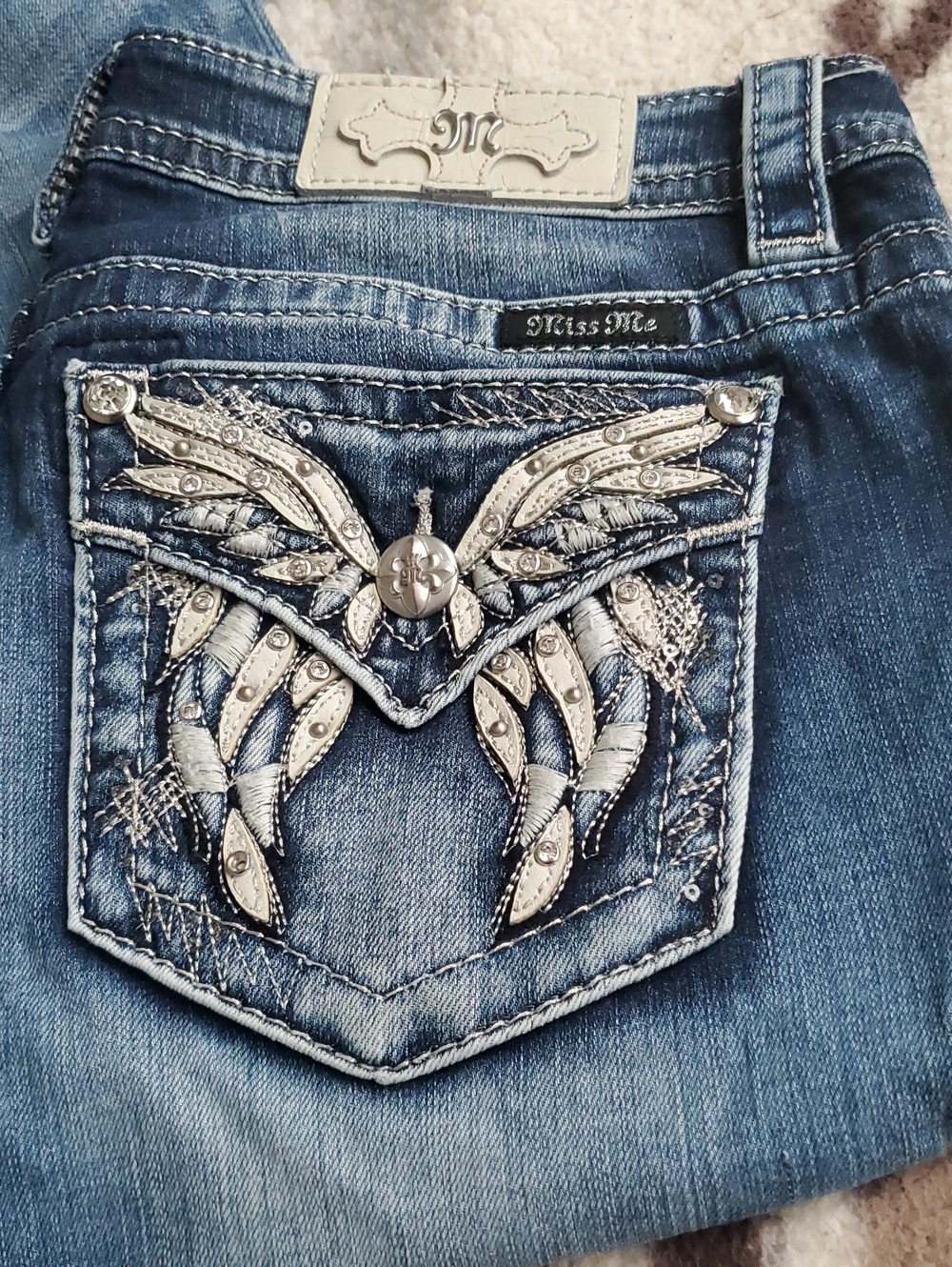 Miss Me Blue Mid-Rise Slim Jeans with Silver Embellished Wing Pocket